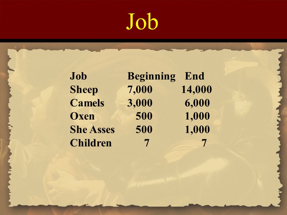 Job Job Beginning End. Sheep 7,000 14,000. Camels 3,000 6,000. Oxen 500 1,000.