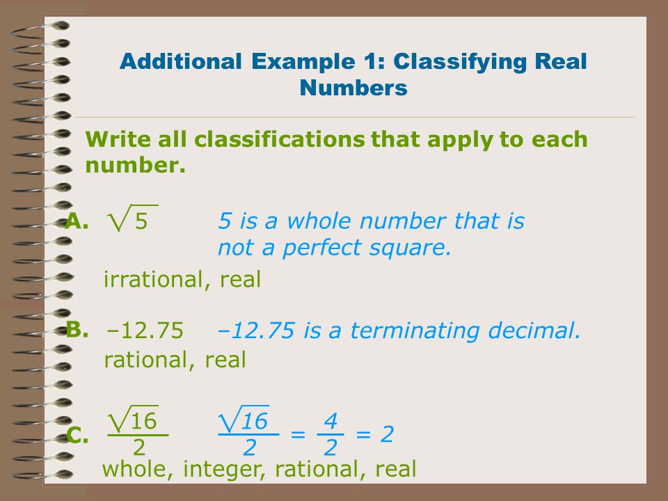 Additional Example 1: Classifying Real Numbers