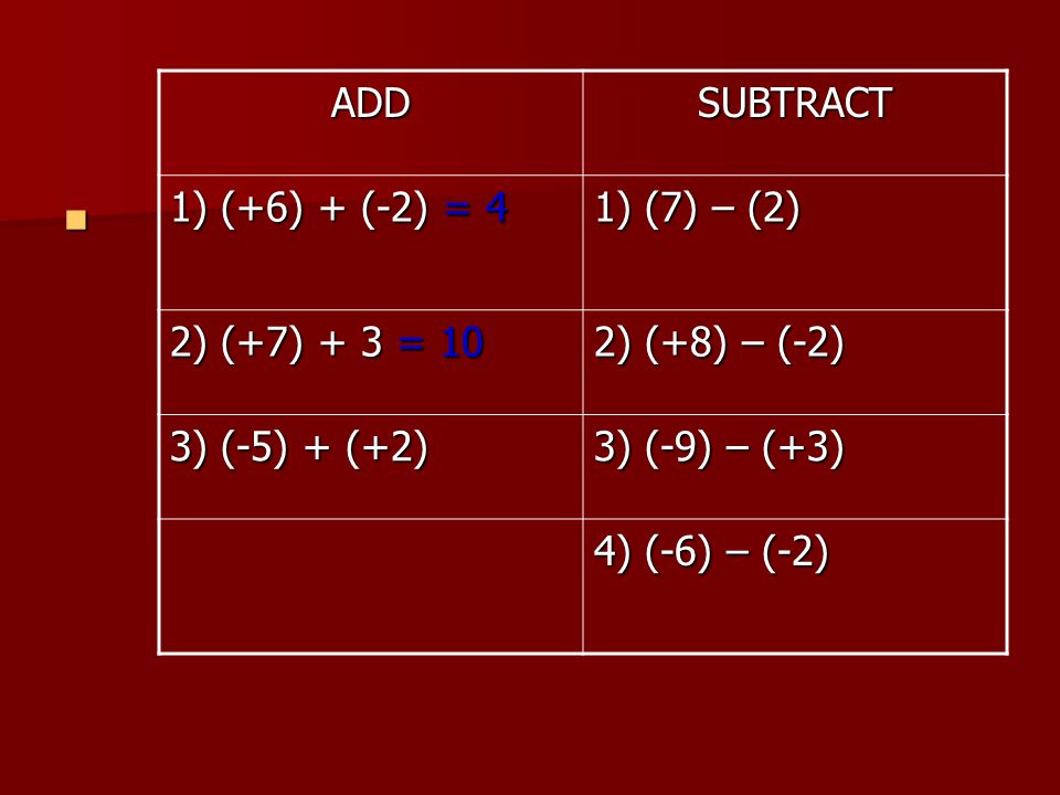 ADD SUBTRACT. 1) (+6) + (-2) = 4. 1) (7) – (2) 2) (+7) + 3 = 10. 2) (+8) – (-2) 3) (-5) + (+2)