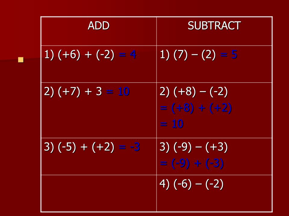 ADD SUBTRACT. 1) (+6) + (-2) = 4. 1) (7) – (2) = 5. 2) (+7) + 3 = 10. 2) (+8) – (-2) = (+8) + (+2)