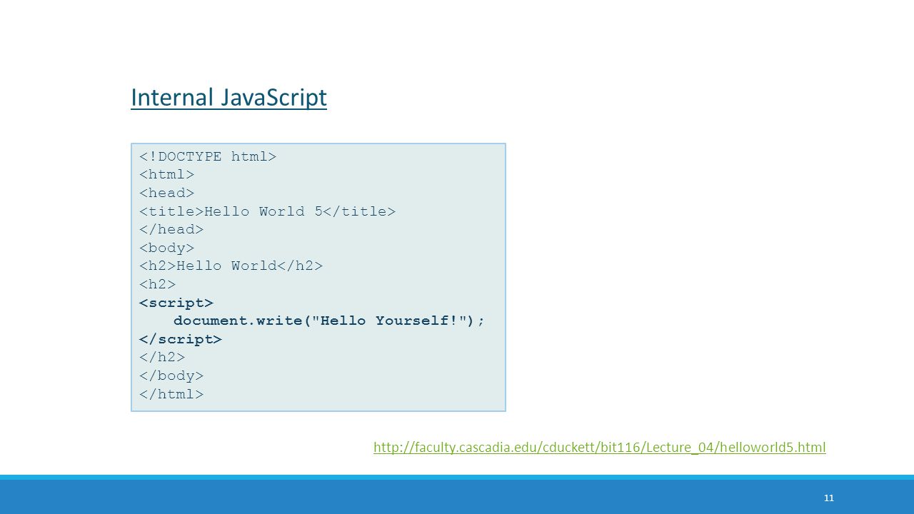 Internal JavaScript <!DOCTYPE html> <html> <head>