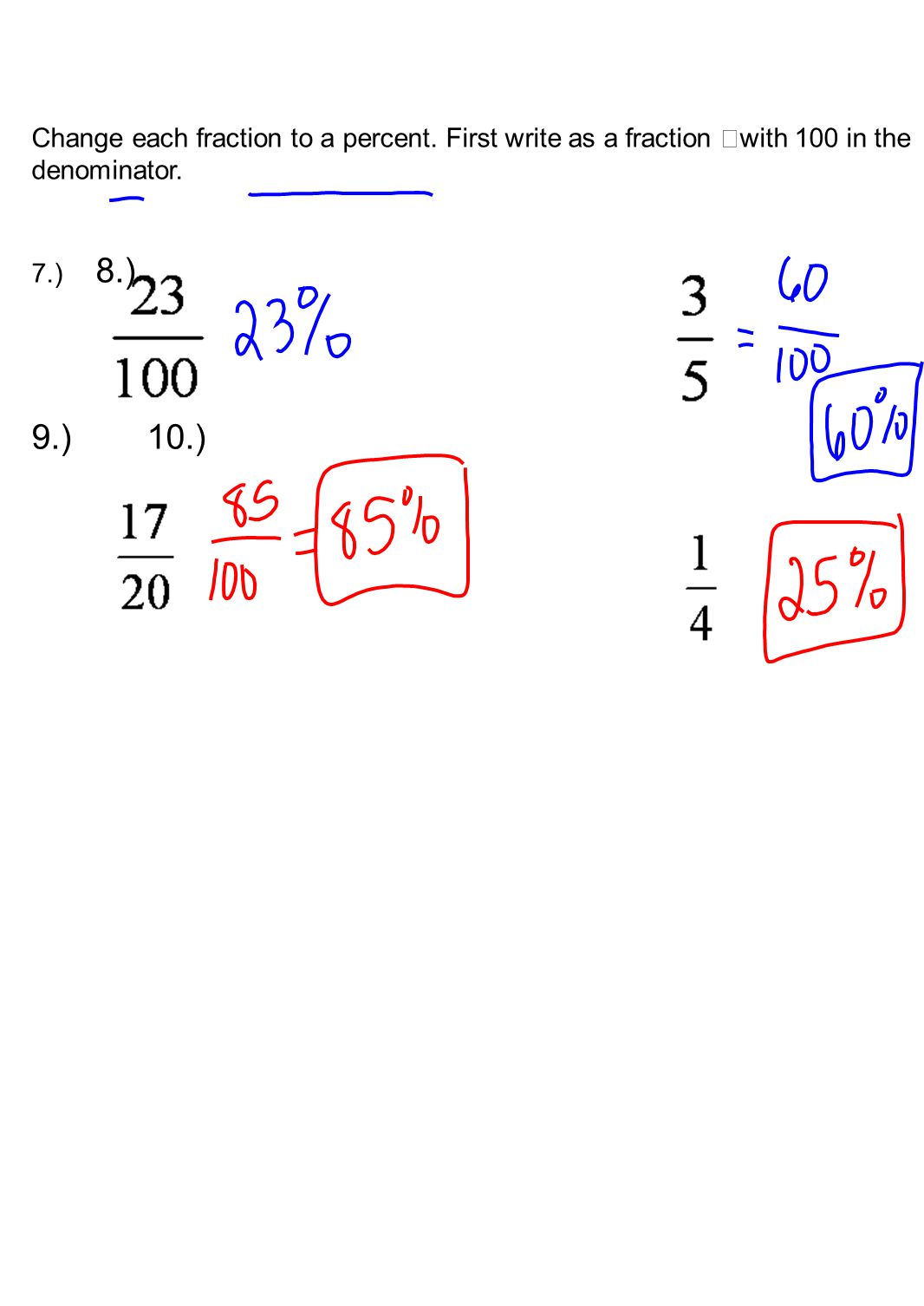 Change each fraction to a percent