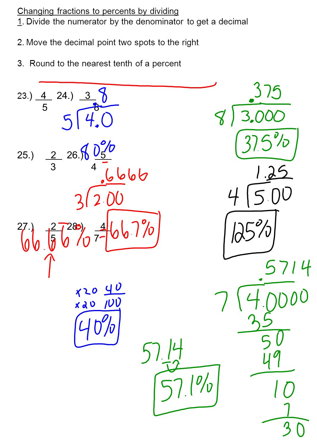 Changing fractions to percents by dividing