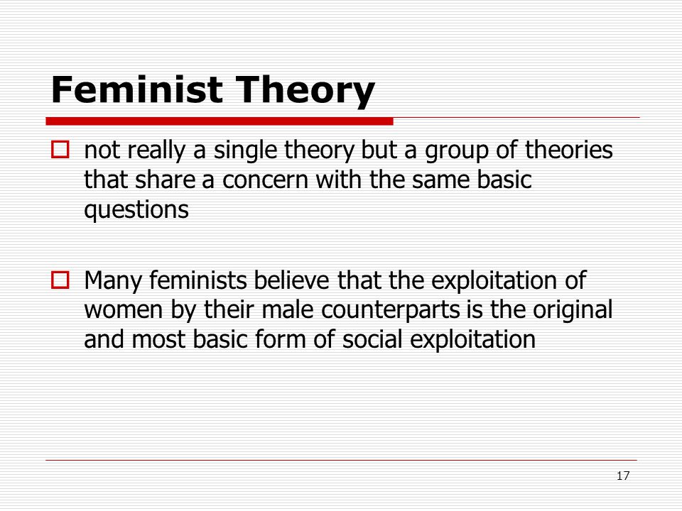 Feminist Theory not really a single theory but a group of theories that share a concern with the same basic questions.