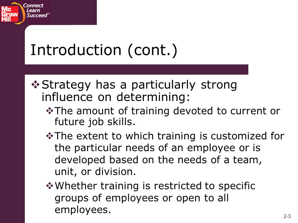 Introduction (cont.) Strategy has a particularly strong influence on determining: The amount of training devoted to current or future job skills.