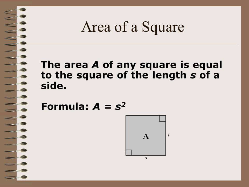 Area of a Square The area A of any square is equal to the square of the length s of a side.