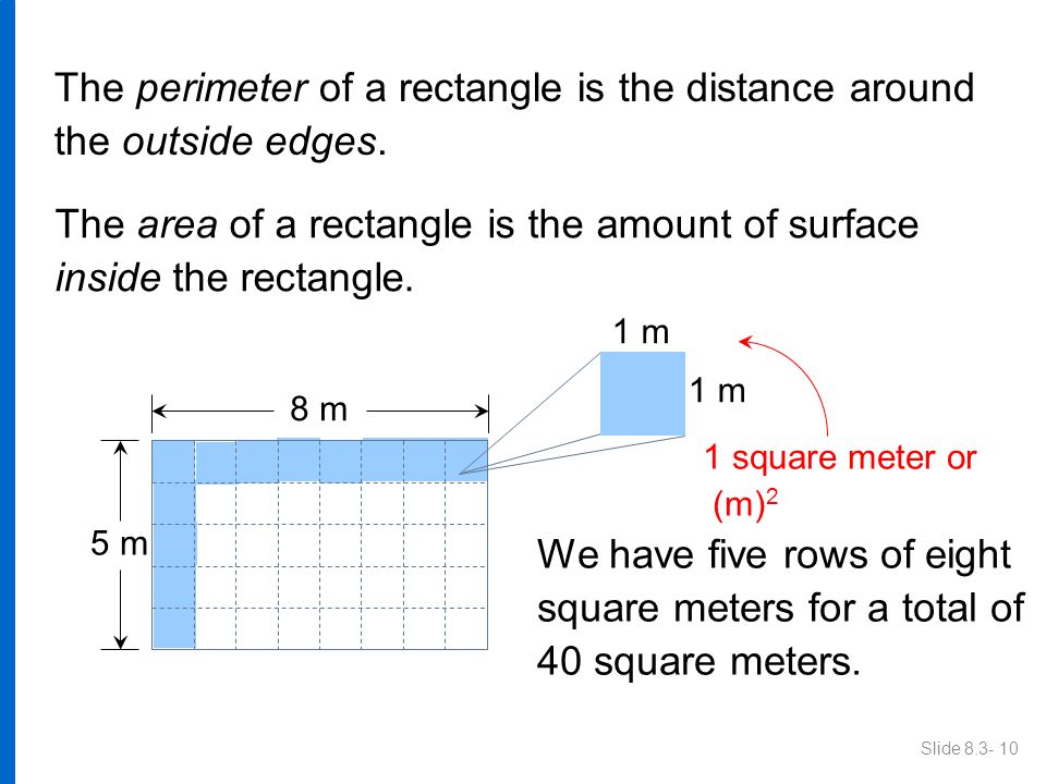 The perimeter of a rectangle is the distance around the outside edges.
