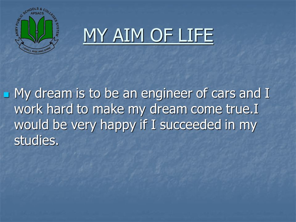 MY AIM OF LIFE My dream is to be an engineer of cars and I work hard to make my dream come true.I would be very happy if I succeeded in my studies.