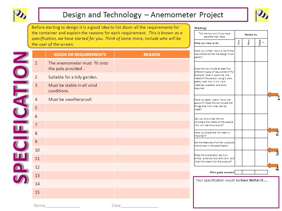 SPECIFICATION Design and Technology – Anemometer Project