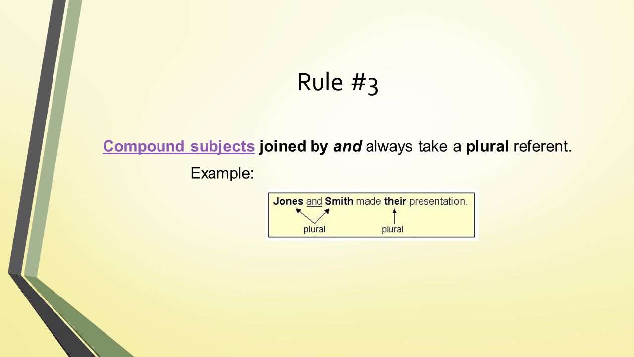 Rule #3 Compound subjects joined by and always take a plural referent. Example: