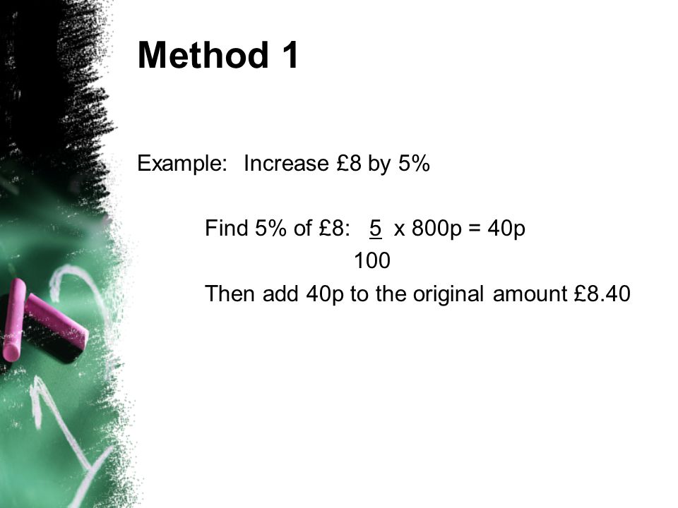 Method 1 Example: Increase £8 by 5% Find 5% of £8: 5 x 800p = 40p 100