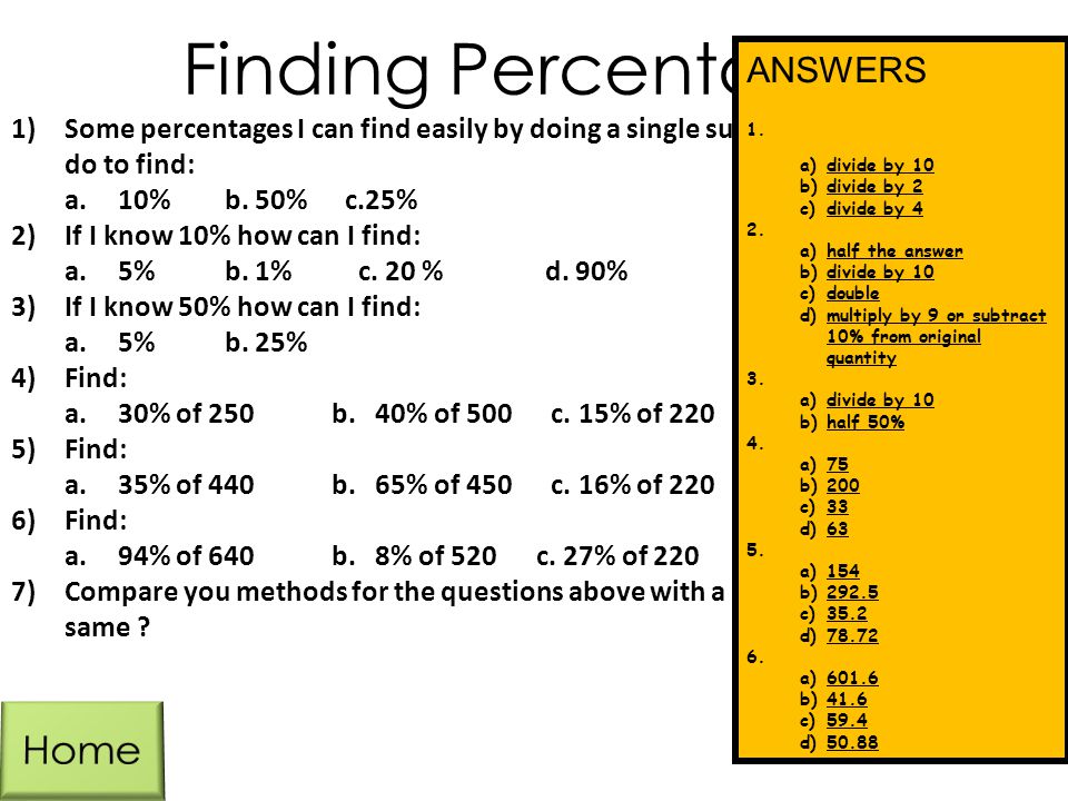 Finding Percentages Home ANSWERS