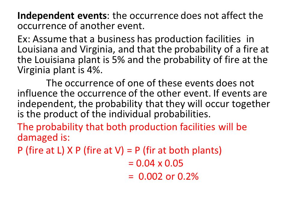 Independent events: the occurrence does not affect the occurrence of another event.