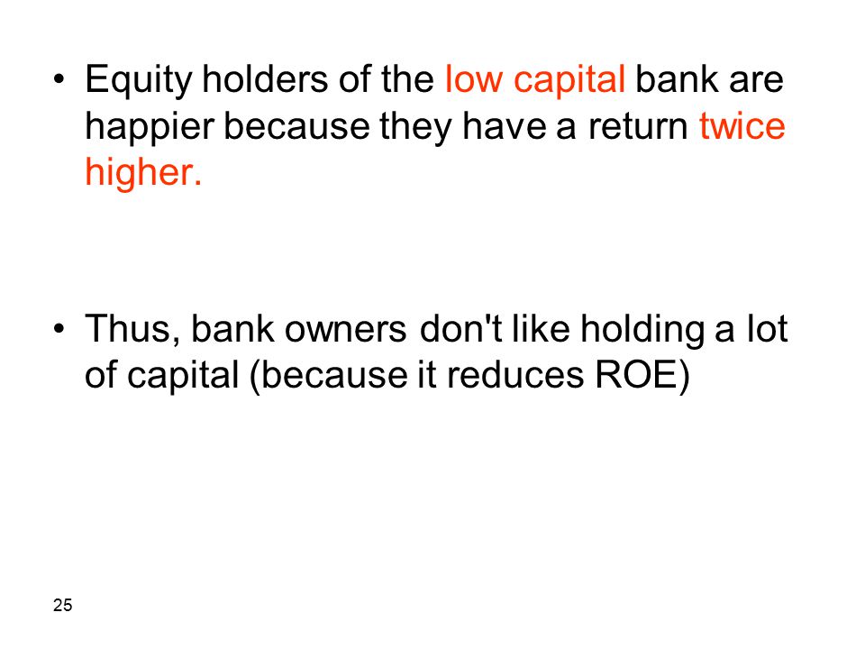 Equity holders of the low capital bank are happier because they have a return twice higher.