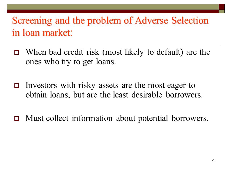 Screening and the problem of Adverse Selection in loan market: