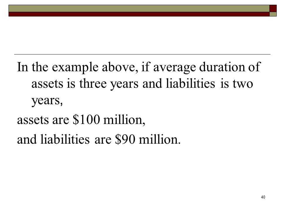 In the example above, if average duration of assets is three years and liabilities is two years,