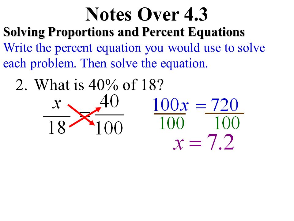 Notes Over 4.3 Solving Proportions and Percent Equations. Write the percent equation you would use to solve each problem. Then solve the equation.
