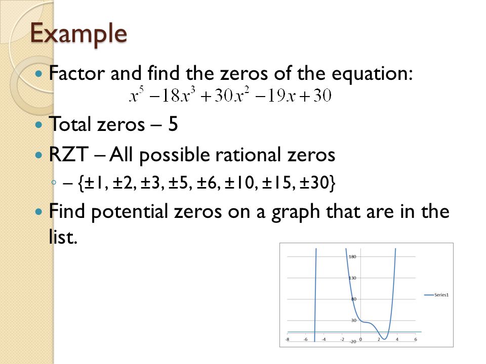 Example Factor and find the zeros of the equation: Total zeros – 5