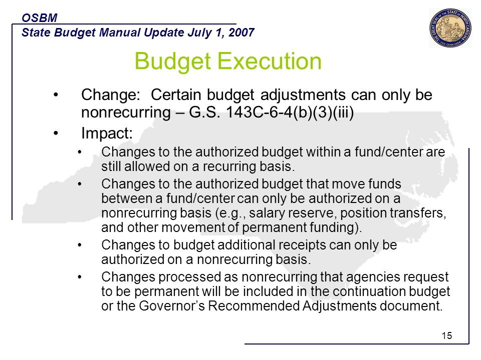 OSBM State Budget Manual Update July 1, Budget Execution.