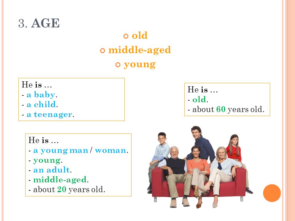 3. AGE old middle-aged young He is … - a baby. - a child.