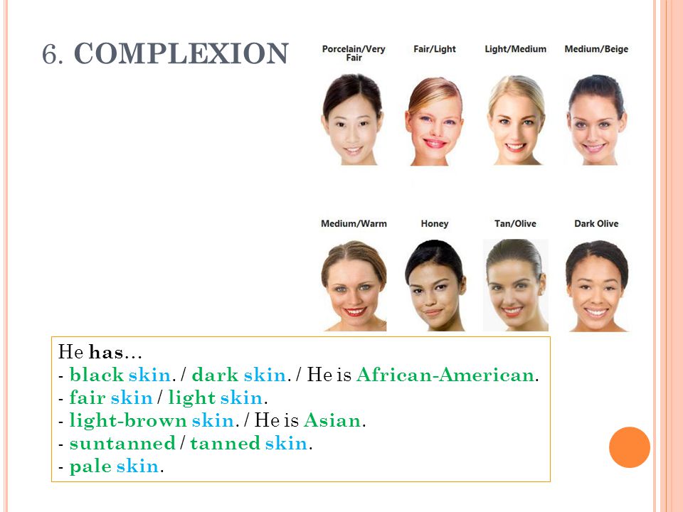 6. COMPLEXION He has… - black skin. / dark skin. / He is African-American. - fair skin / light skin.