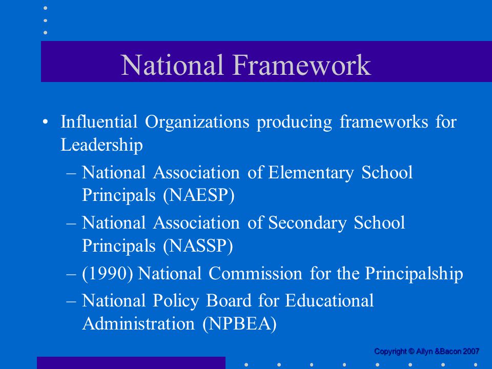National Framework Influential Organizations producing frameworks for Leadership. National Association of Elementary School Principals (NAESP)