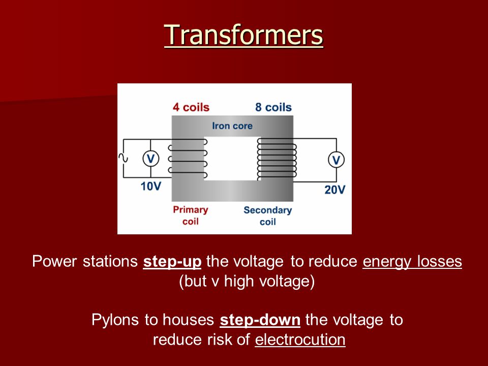 Transformers Power stations step-up the voltage to reduce energy losses. (but v high voltage) Pylons to houses step-down the voltage to.