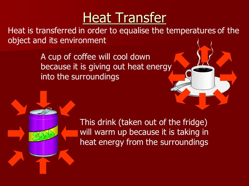 Heat Transfer Heat is transferred in order to equalise the temperatures of the object and its environment.