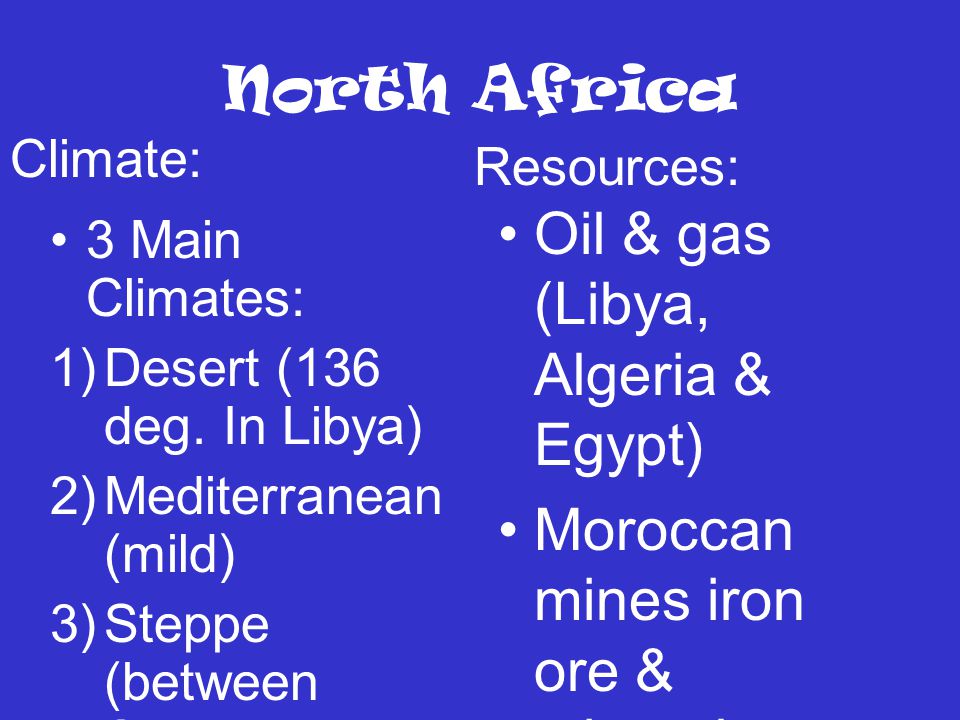 Oil & gas (Libya, Algeria & Egypt) Moroccan mines iron ore & minerals