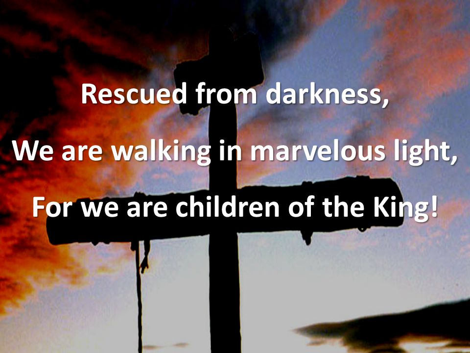 Rescued from darkness, We are walking in marvelous light, For we are children of the King!
