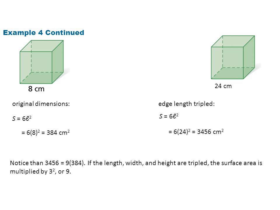 Example 4 Continued 24 cm. original dimensions: edge length tripled: S = 6ℓ2. S = 6ℓ2. = 6(8)2 = 384 cm2.