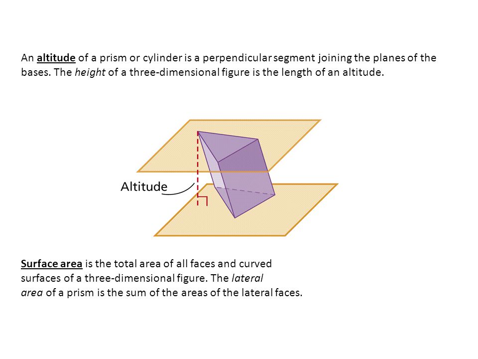An altitude of a prism or cylinder is a perpendicular segment joining the planes of the bases. The height of a three-dimensional figure is the length of an altitude.