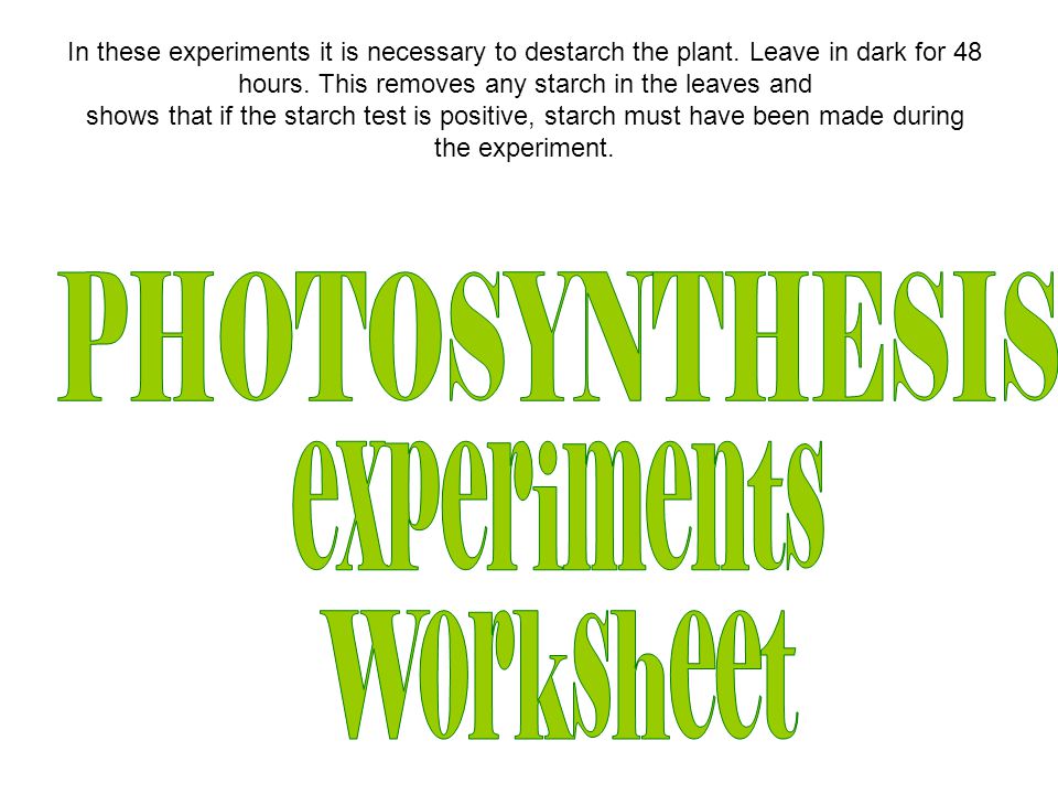 PHOTOSYNTHESIS experiments Worksheet
