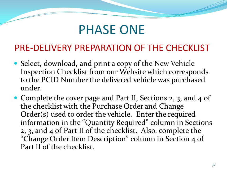 PHASE ONE PRE-DELIVERY PREPARATION OF THE CHECKLIST