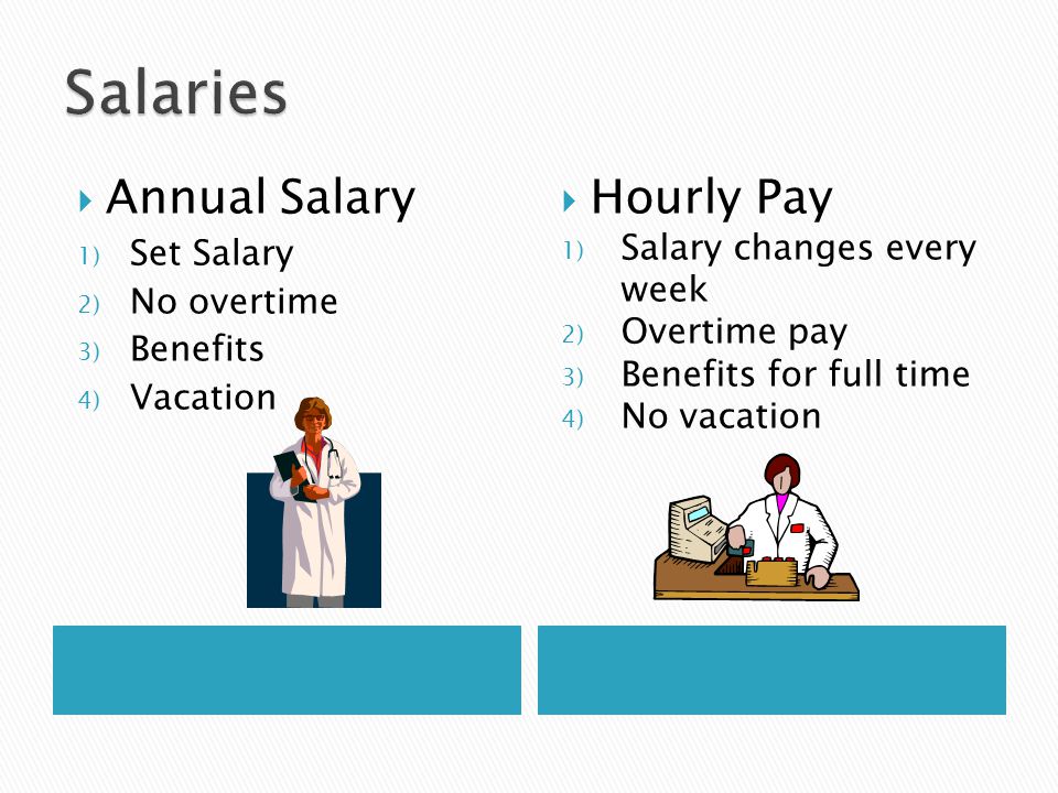 Salaries Annual Salary Hourly Pay Set Salary No overtime Benefits