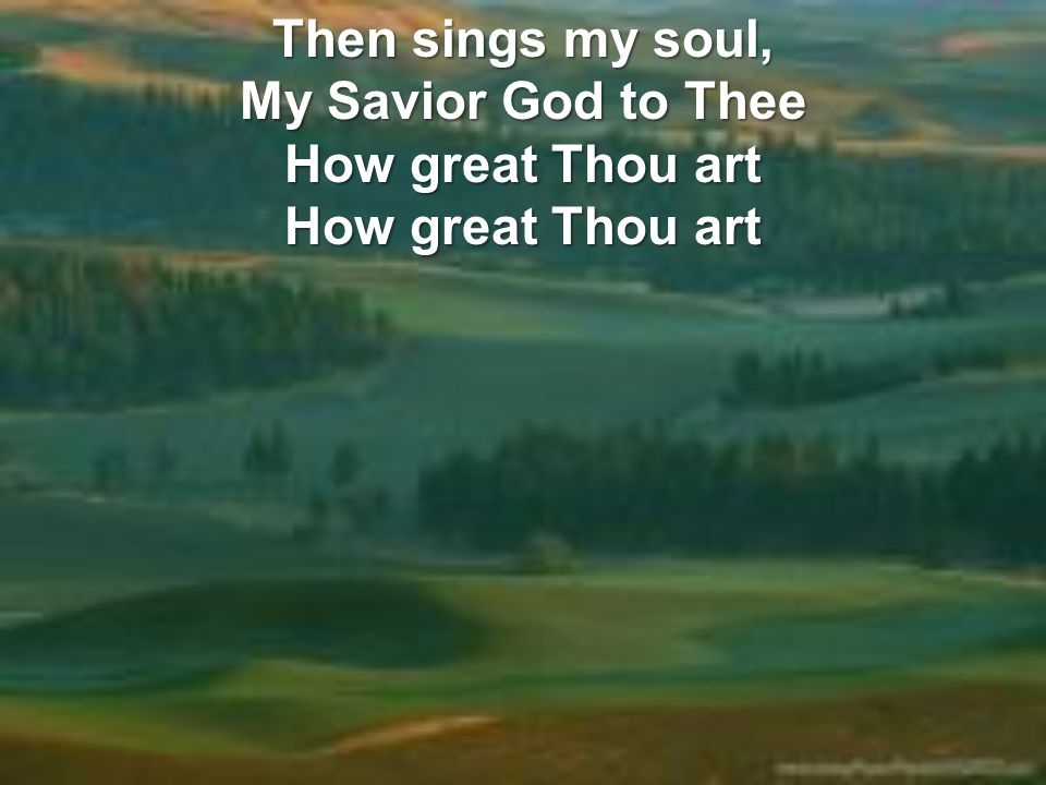 Then sings my soul, My Savior God to Thee How great Thou art How great Thou art