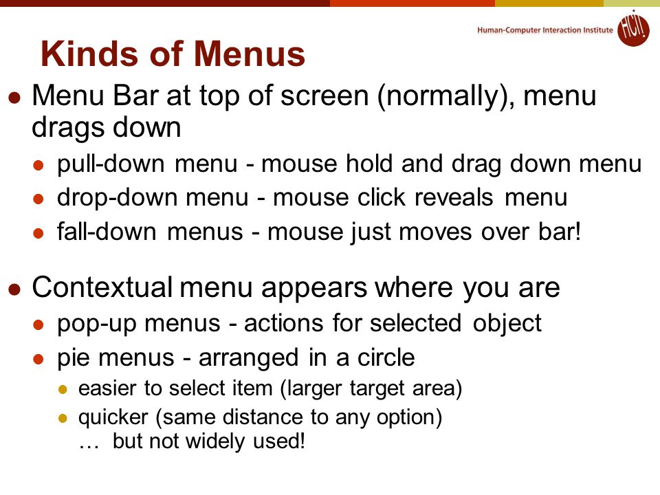 Explain Different Types of Menus in Hci