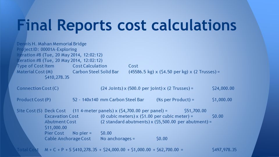 Final Reports cost calculations