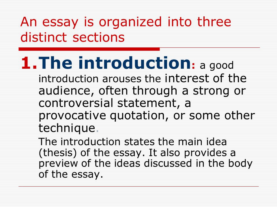 An essay is organized into three distinct sections