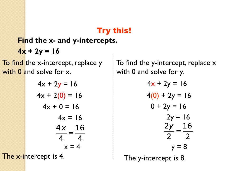 Try+this%21+Find+the+x +and+y intercepts.+4x+%2B+2y+%3D+16.+To+find+the+x