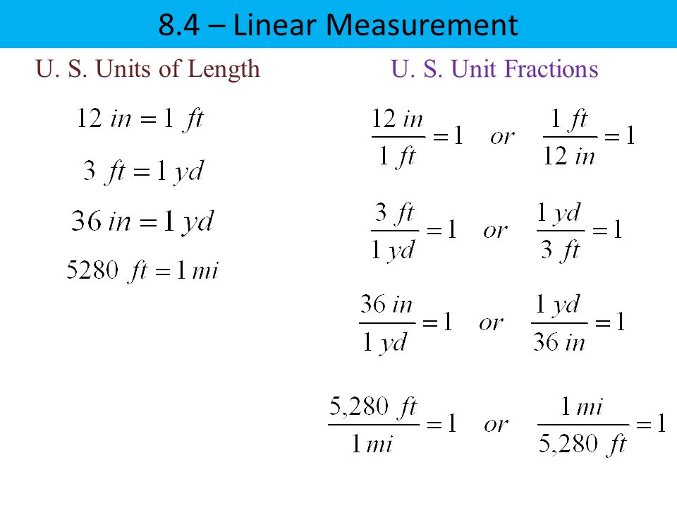 8.4 – Linear Measurement U. S. Units of Length U. S. Unit Fractions