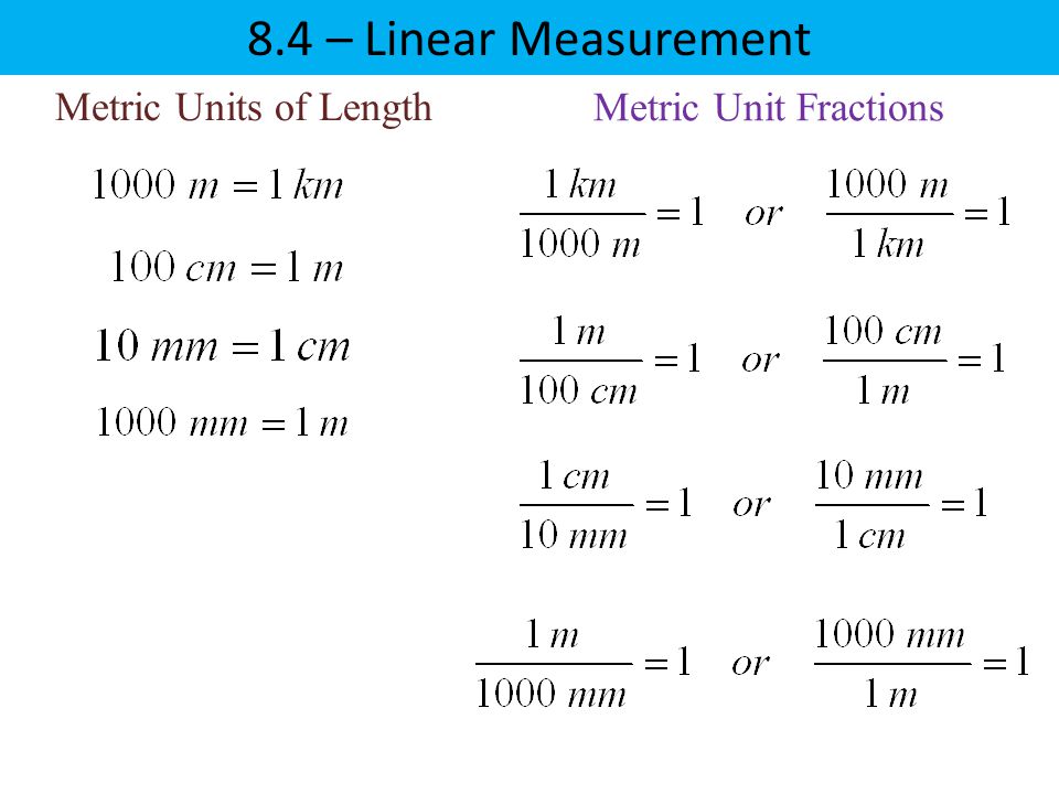 8.4 – Linear Measurement Metric Units of Length Metric Unit Fractions