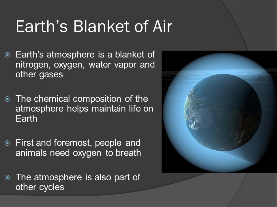 Earth’s Blanket of Air Earth’s atmosphere is a blanket of nitrogen, oxygen, water vapor and other gases.