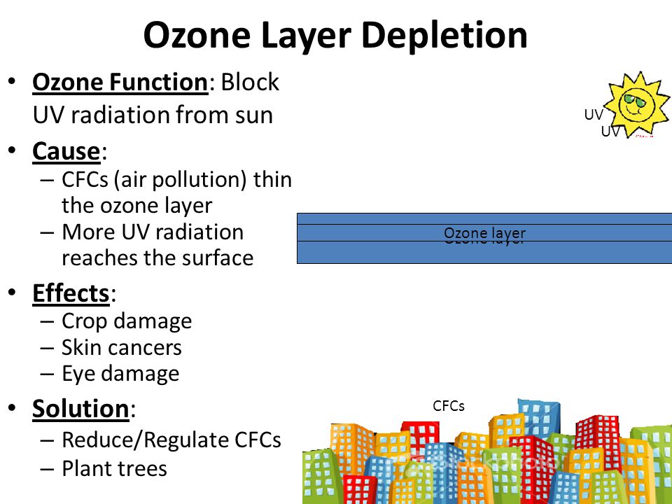 Ozone Layer Depletion Cause: Effects: Solution: Ozone Function: Block