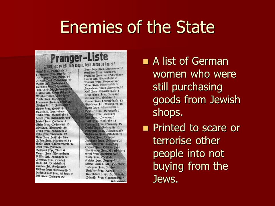 Enemies of the State A list of German women who were still purchasing goods from Jewish shops.