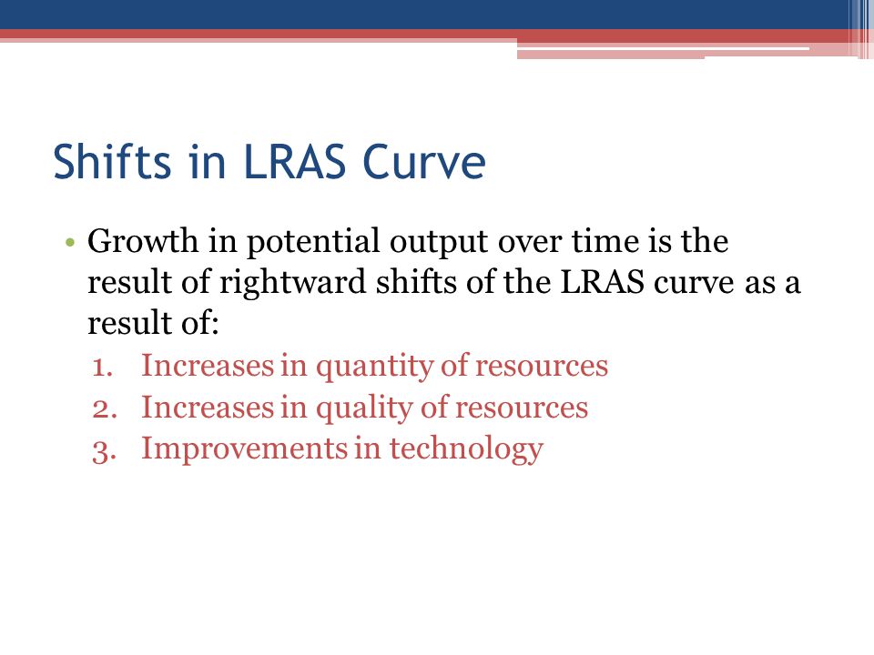 Shifts in LRAS Curve Growth in potential output over time is the result of rightward shifts of the LRAS curve as a result of: