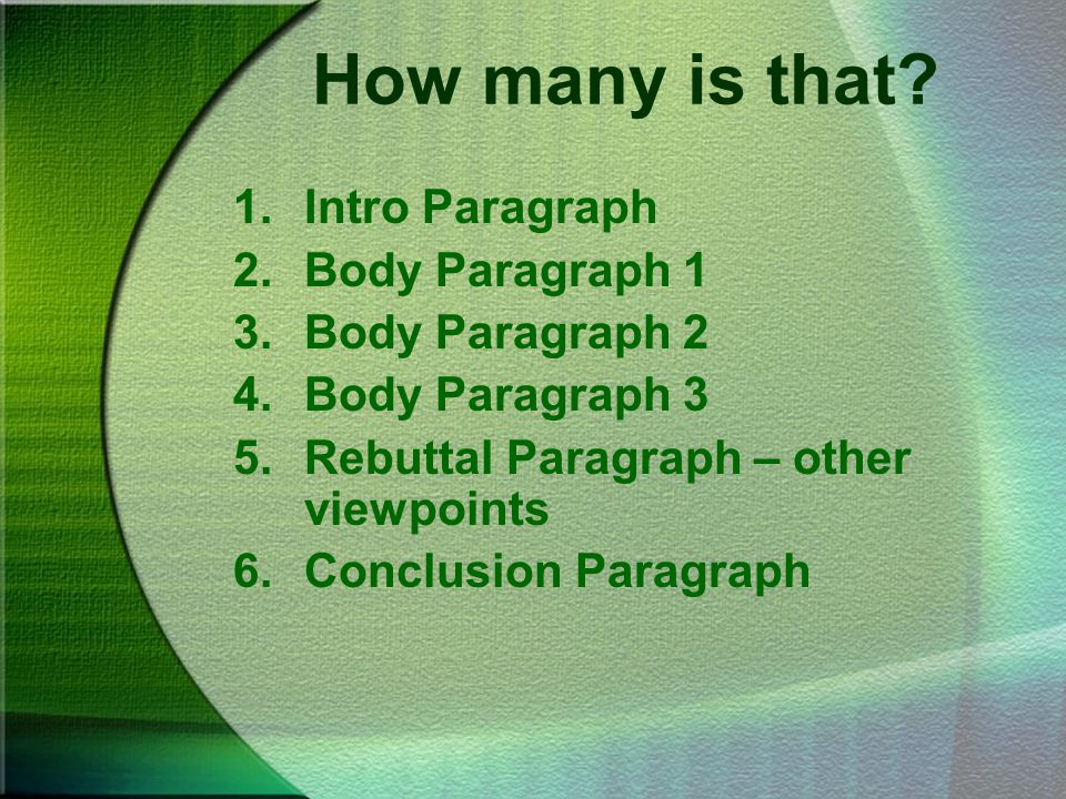 How many is that Intro Paragraph Body Paragraph 1 Body Paragraph 2