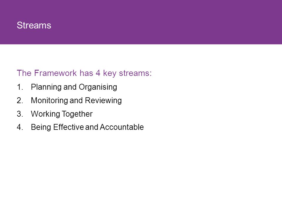 Streams The Framework has 4 key streams: Planning and Organising
