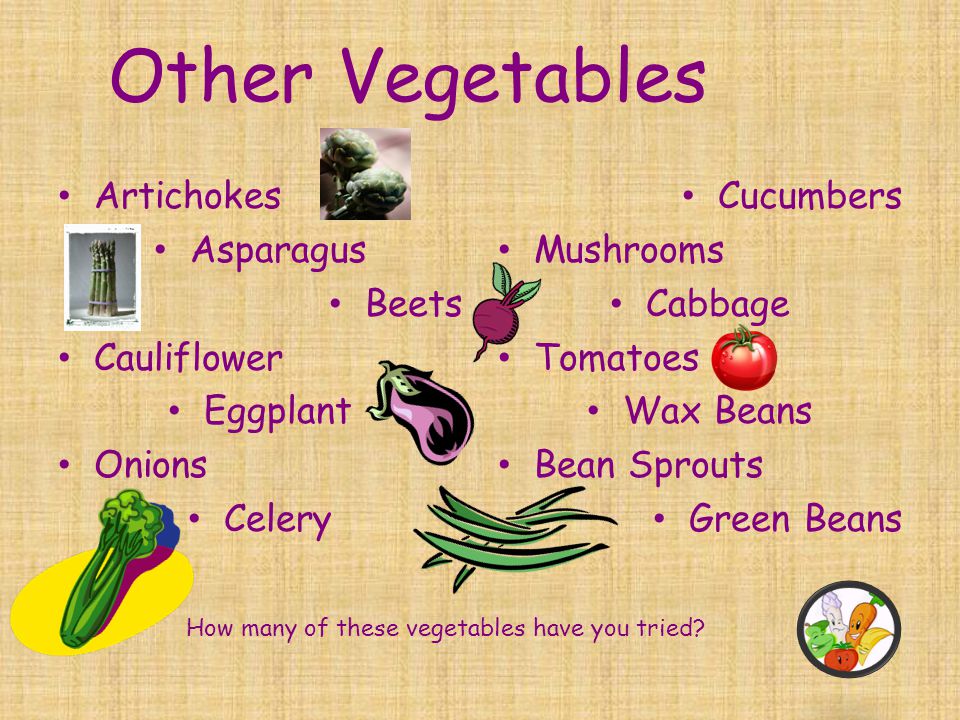 Other Vegetables Artichokes Asparagus Beets Cauliflower Eggplant