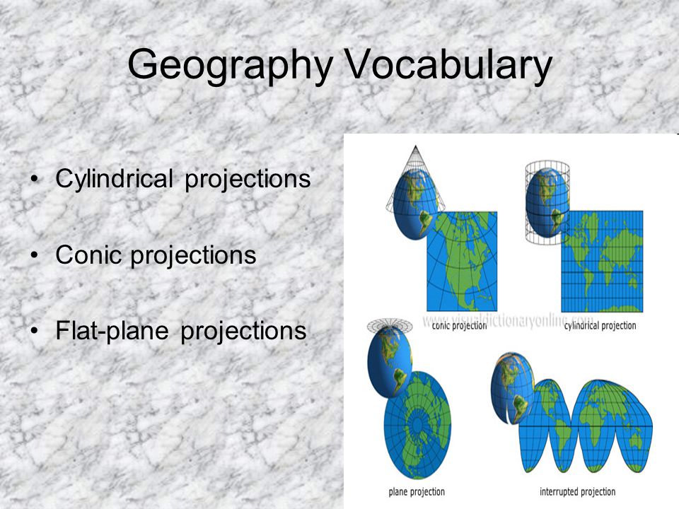 Geography Vocabulary Cylindrical projections Conic projections